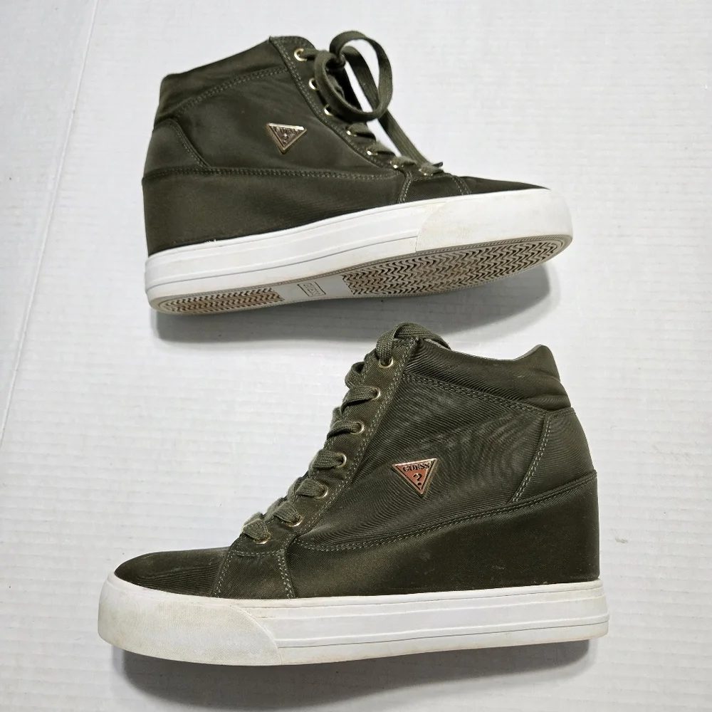 Guess High Top Wedge Sneaker, Lace Up Olive Green, 9
